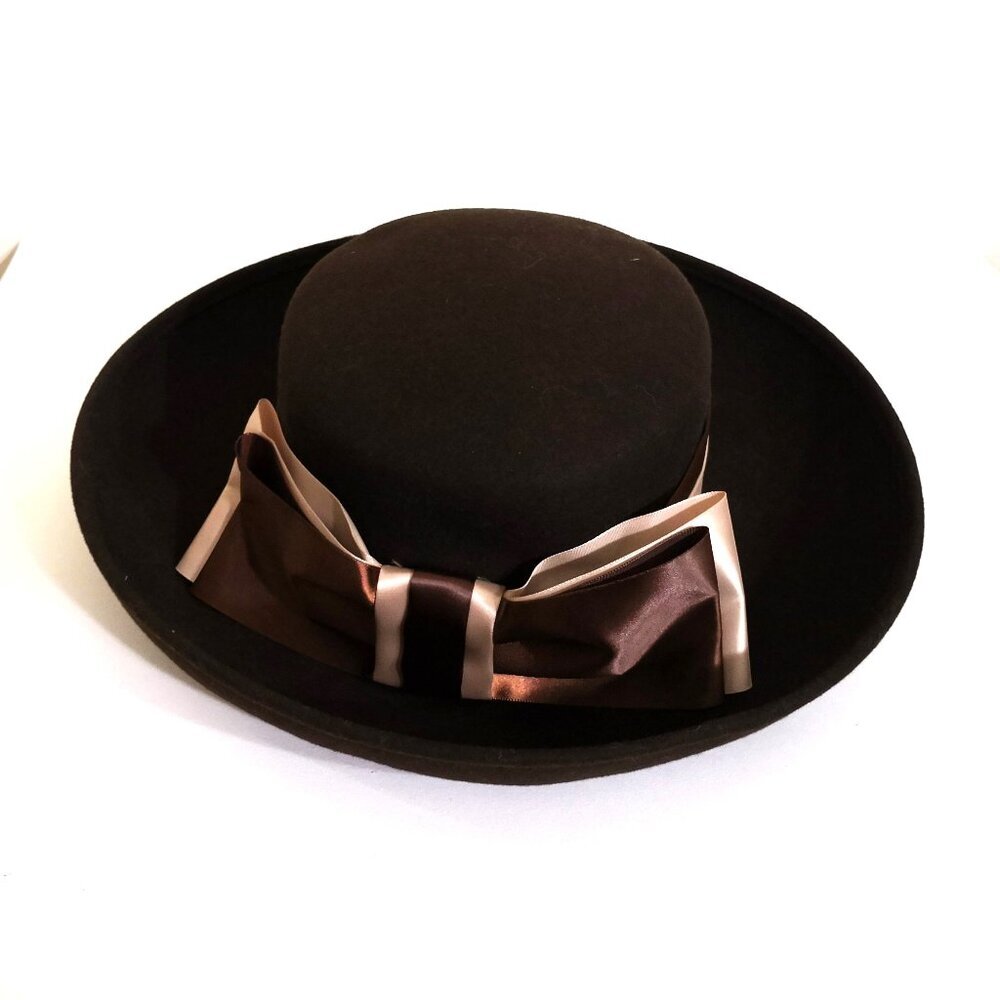 Vintage BETMAR New York Women's 100% Wool Felt Hat‎ Bowl Tie Roll Up Brown